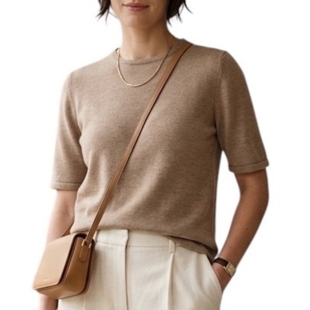 Sutton Studio Bloomingdales Tan 100% Merino Wool Short Sleeve Sweater Top L